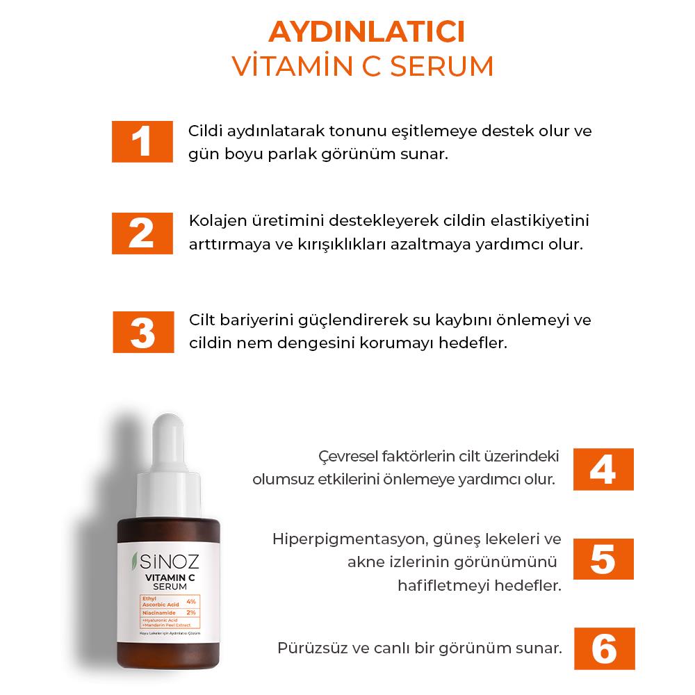 Sinoz Ton Eşitleyici Aydınlatıcı Vitamin C %4 + Niacinamide %2 Yüz Serumu 30 ml Tüm Ciltler İçin