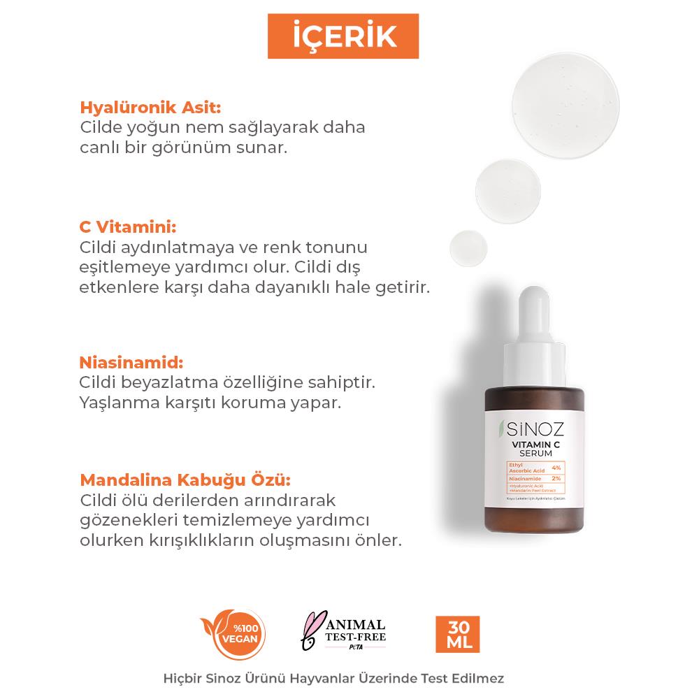 Sinoz Ton Eşitleyici Aydınlatıcı Vitamin C %4 + Niacinamide %2 Yüz Serumu 30 ml Tüm Ciltler İçin