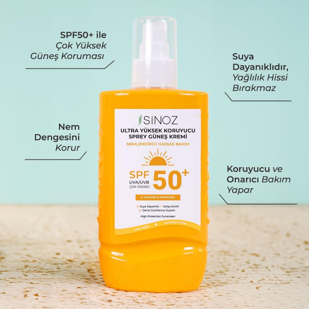 Sinoz Spf 50+ Ultra Yüksek Koruyucu Vücut Güneş Kremi Sprey 200 ml Nemlendirici Hassas Bakım