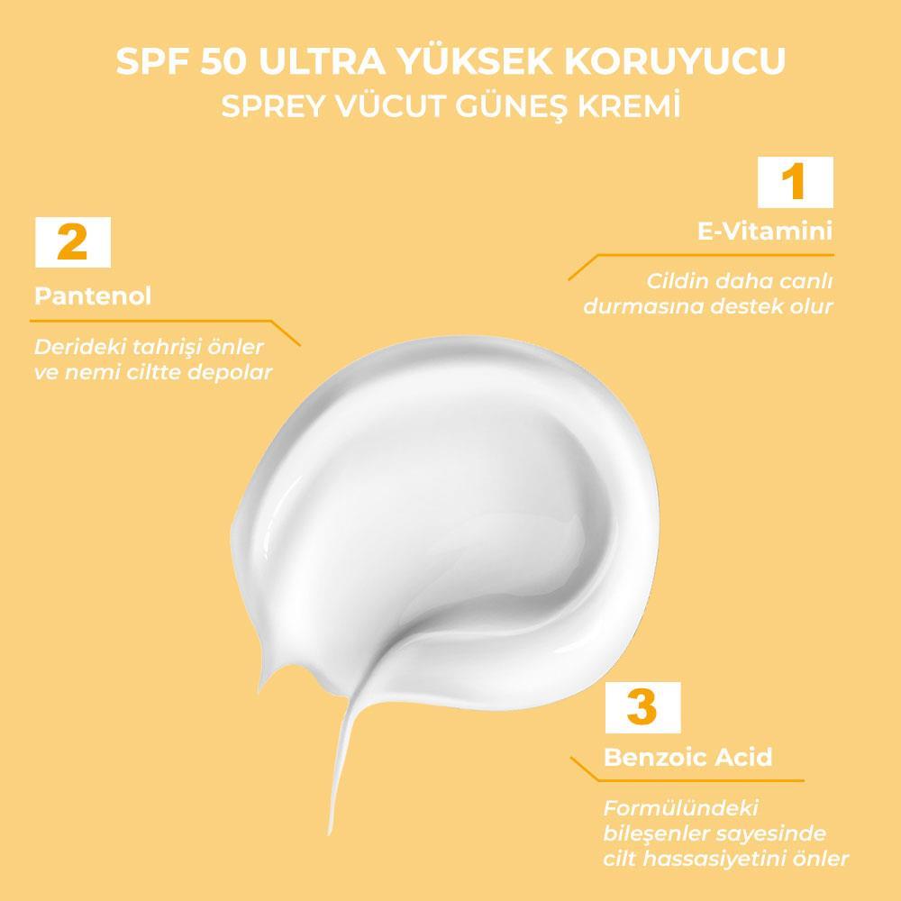 Sinoz Spf 50+ Ultra Yüksek Koruyucu Vücut Güneş Kremi Sprey 200 ml Nemlendirici Hassas Bakım