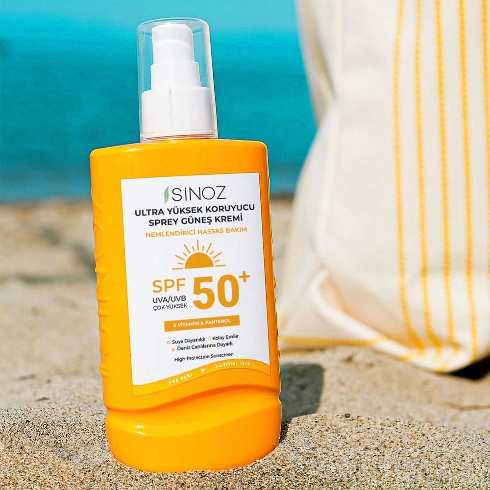 Sinoz Spf 50+ Ultra Yüksek Koruyucu Vücut Güneş Kremi Sprey 200 ml Nemlendirici Hassas Bakım