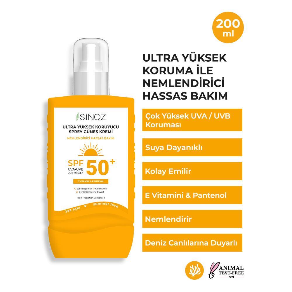 Sinoz Spf 50+ Ultra Yüksek Koruyucu Vücut Güneş Kremi Sprey 200 ml Nemlendirici Hassas Bakım