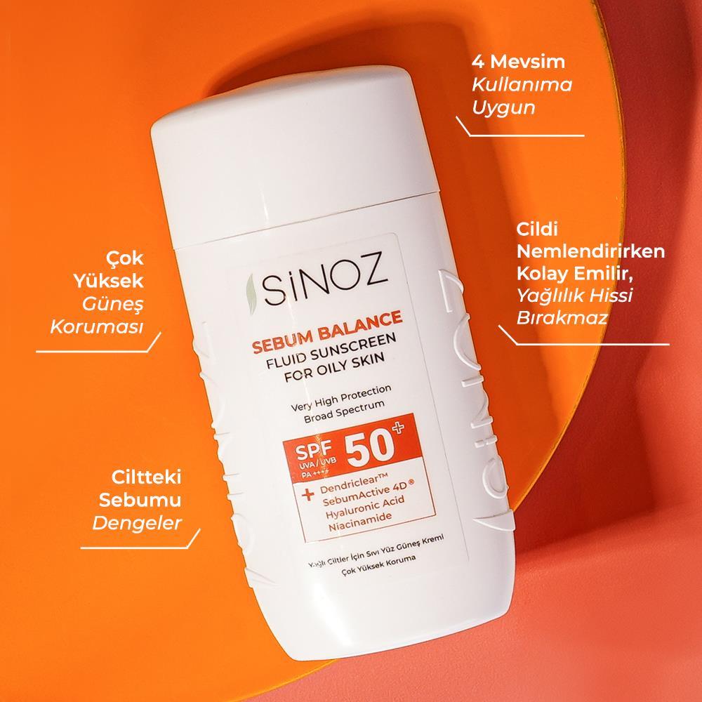 Sinoz Spf50+ Yağlı Ciltlere Özel Sıvı Güneş Kremi - Yeni Nesil Güneş Filtreleri ile Hibrit Formül 50ml