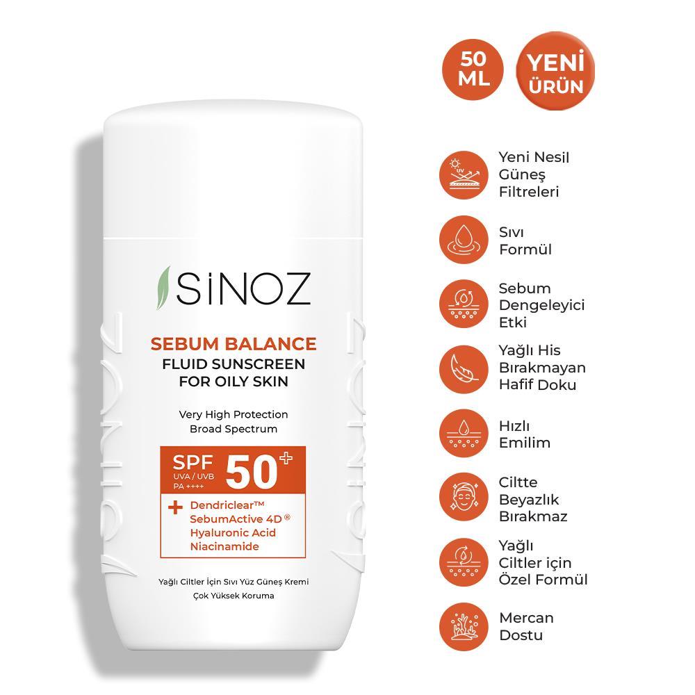 Sinoz Spf50+ Yağlı Ciltlere Özel Sıvı Güneş Kremi - Yeni Nesil Güneş Filtreleri ile Hibrit Formül 50ml