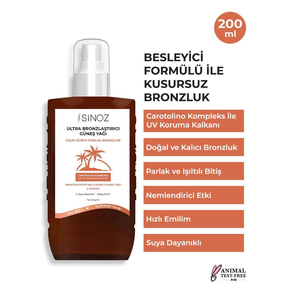 Sinoz Kusursuz Bronzlaştırıcı Güneş Yağı Spreyi 200 ml Hindistan Cevizi Kakao Havuç Yağı İçeren