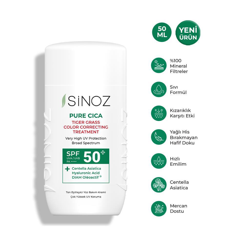 Sinoz Spf50+ Pure Cica Tiger Grass Anında Ton Eşitleyici Sıvı Güneş Kremi - Mineral Filtre 50ml