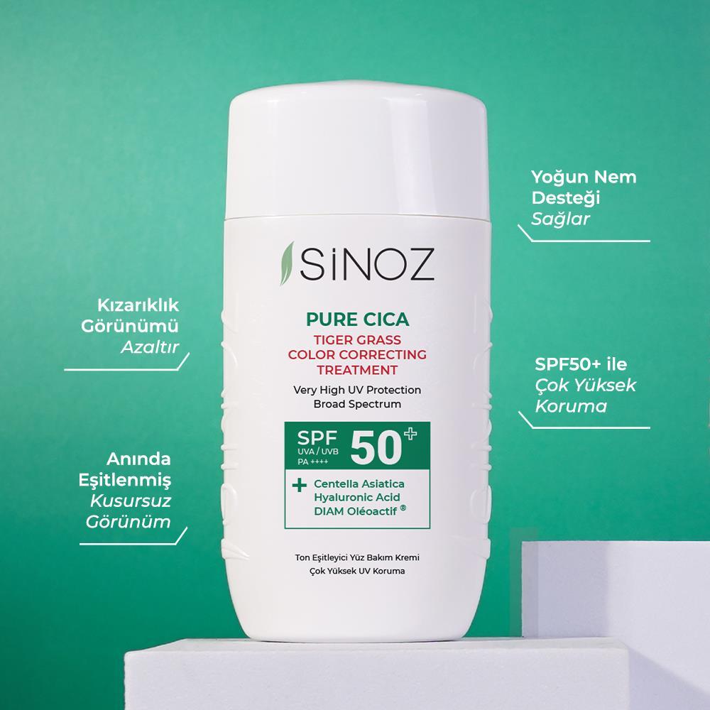 Sinoz Spf50+ Pure Cica Tiger Grass Anında Ton Eşitleyici Sıvı Güneş Kremi - Mineral Filtre 50ml