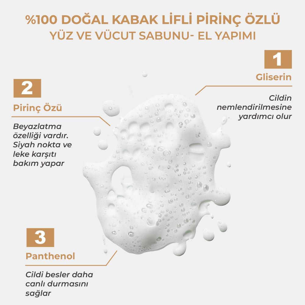 Sinoz Pür Doğal %100 Doğal Kabak Lifli Pirinç Özlü Yüz ve Vücut Sabunu- El Yapımı 130 Gr