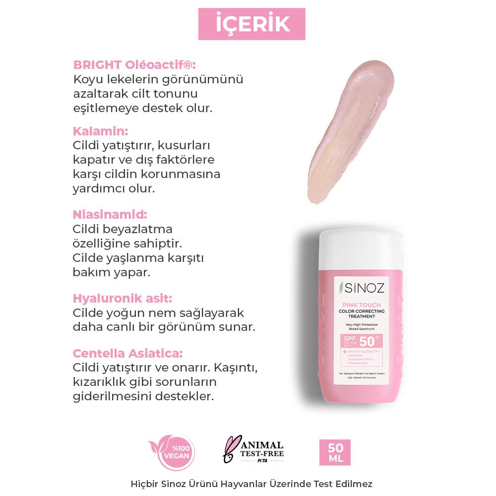 Sinoz Pink Touch Anında Ton Eşitleyici Pembe Yüz Bakım Kremi Spf50 - Mineral Güneş Filtreleri 50 ml