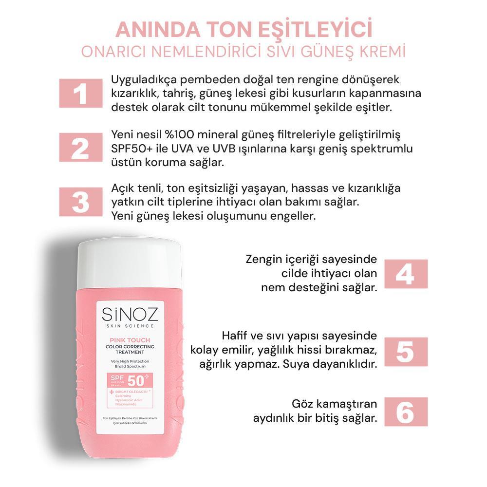 Sinoz Pink Touch Anında Ton Eşitleyici Sıvı Güneş Kremi SPF50+ Mineral Güneş Filtreleri 50 ml 