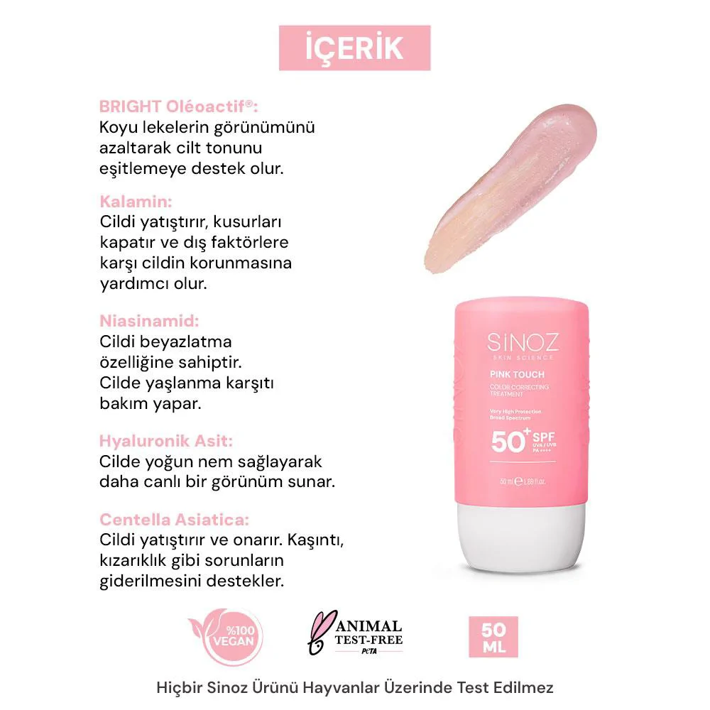 Sinoz Pink Touch Anında Ton Eşitleyici Sıvı Güneş Kremi SPF50+ Mineral Güneş Filtreleri 50 ml 