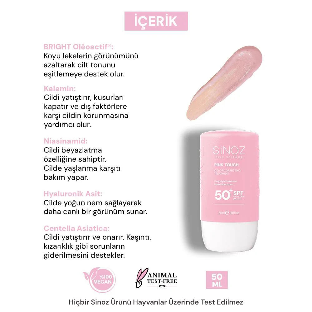 Sinoz Pink Touch Anında Ton Eşitleyici Sıvı Güneş Kremi SPF50+ Mineral Güneş Filtreleri 50 ml