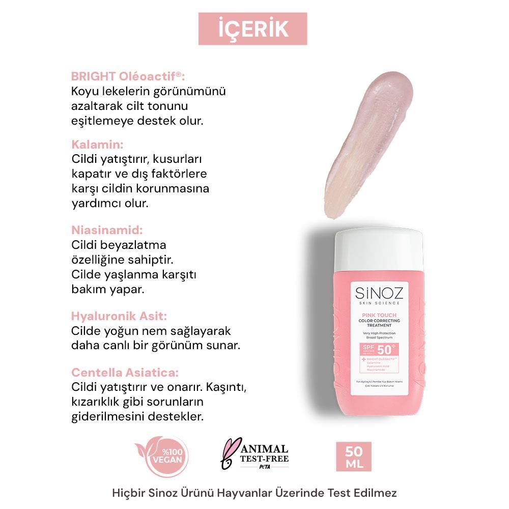 Sinoz Pink Touch Anında Ton Eşitleyici Sıvı Güneş Kremi SPF50+ Mineral Güneş Filtreleri 50 ml 