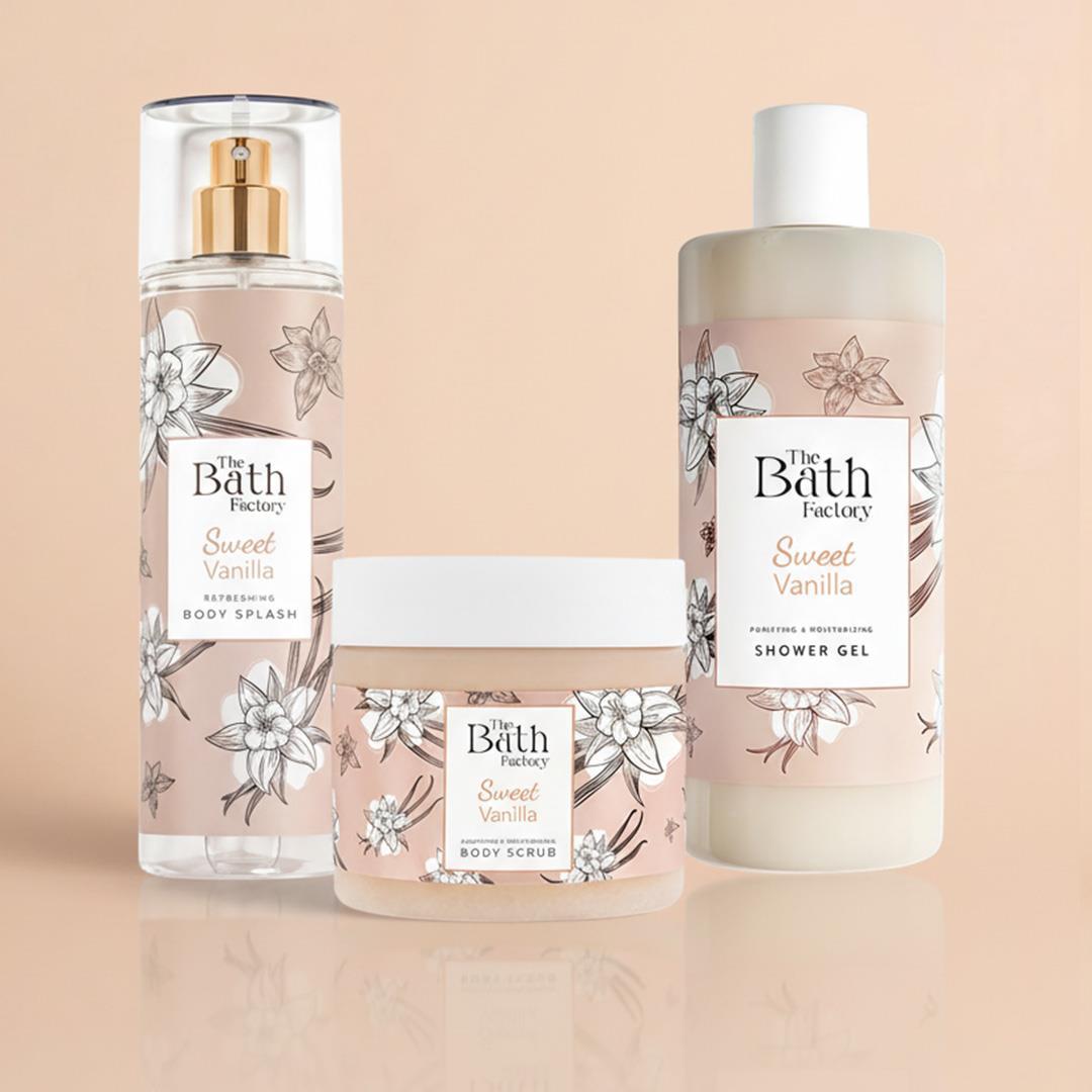 The Bath Factory Vanilyalı Vücut Peelingi + Vanilyalı Duş Jeli + Vanilyalı Vücut Spreyi