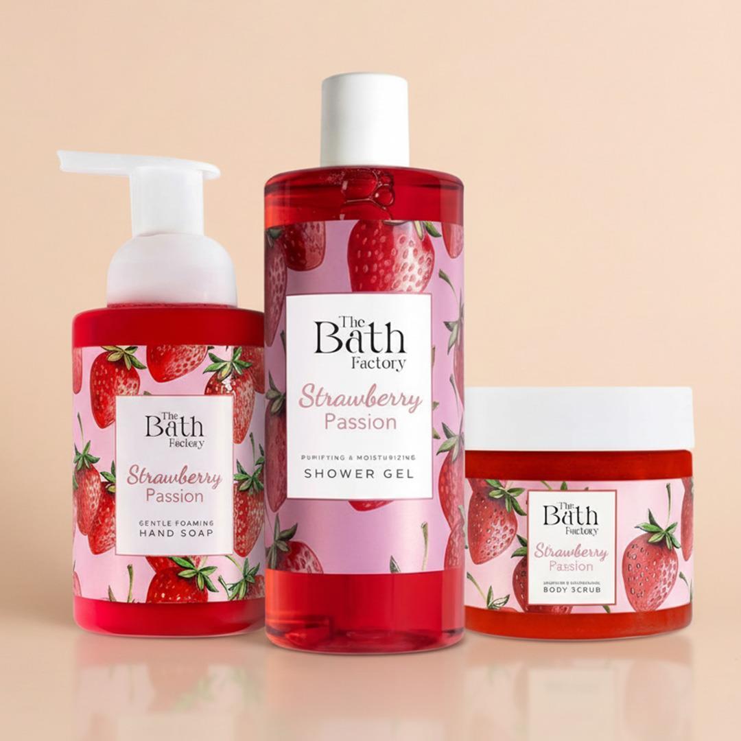 The Bath Factory Çilekli Vücut Peelingi + Çilekli Duş Jeli + Çilekli Köpük Sabun
