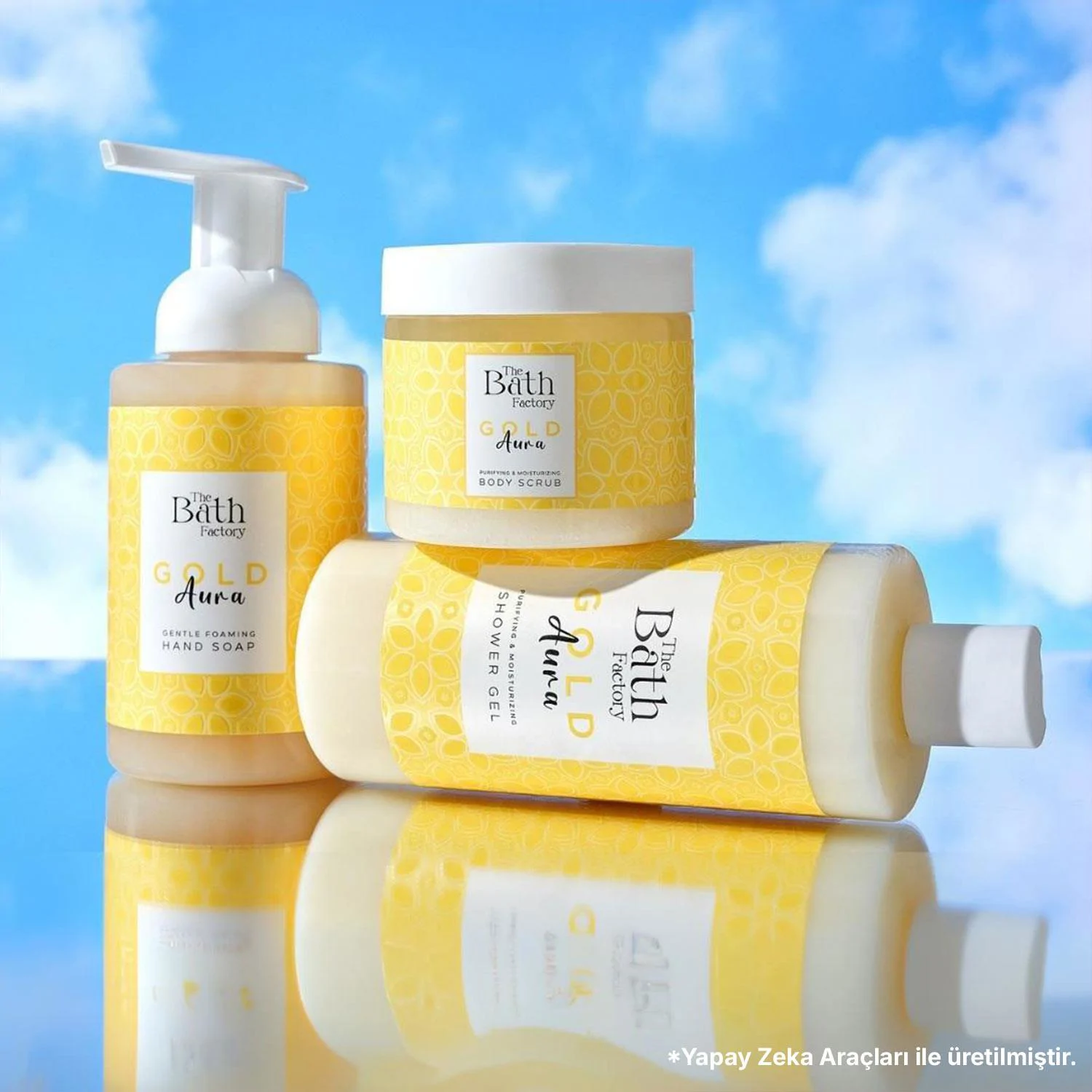The Bath Factory Gold Aura Duş Jeli + Vücut Peelingi + Köpük Sabun