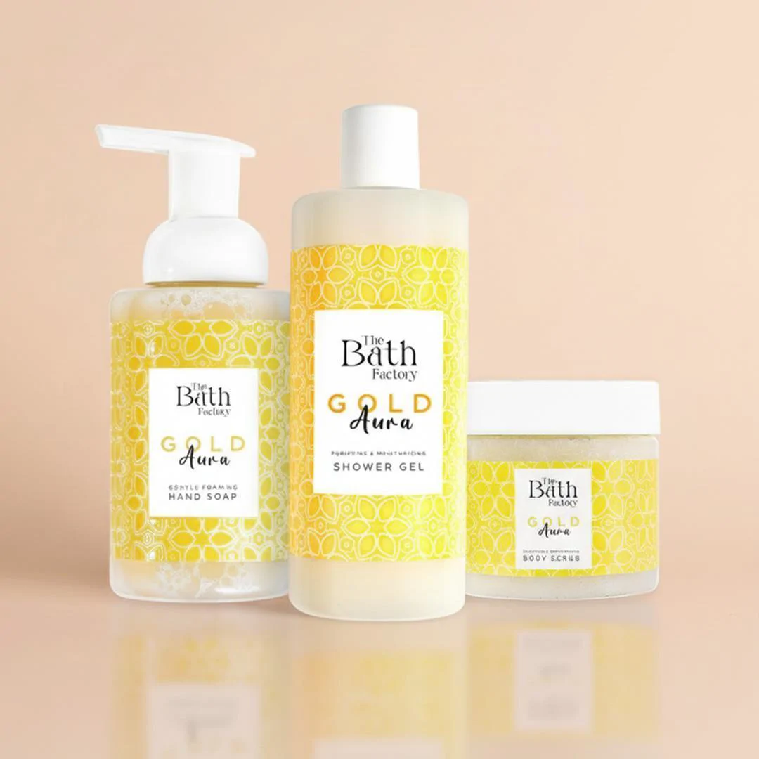 The Bath Factory Gold Aura Duş Jeli + Vücut Peelingi + Köpük Sabun