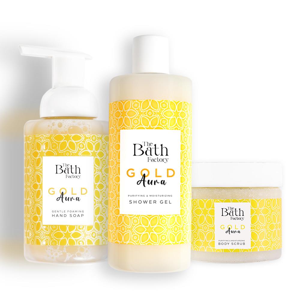 The Bath Factory Gold Aura Vücut Peelingi + Gold Aura Duş Jeli + Gold Aura Köpük Sabun