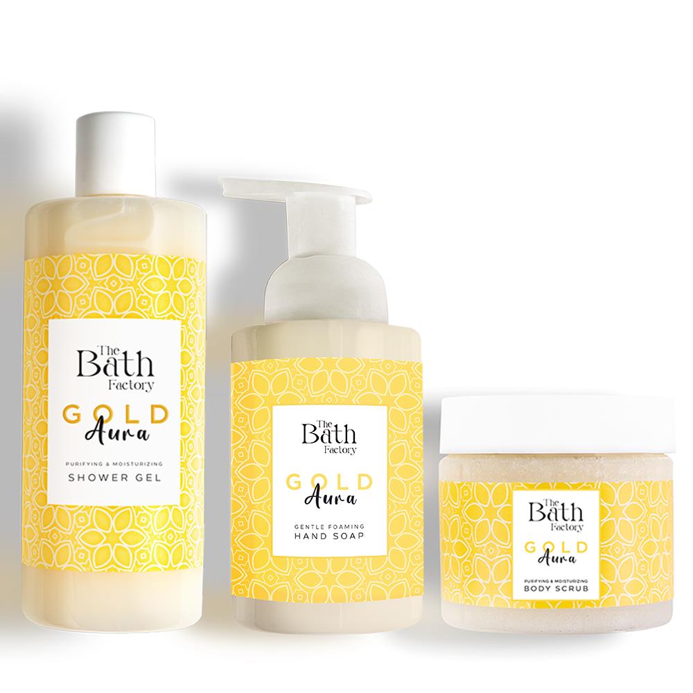 The Bath Factory Gold Aura Vücut Peelingi + Gold Aura Duş Jeli + Gold Aura Köpük Sabun
