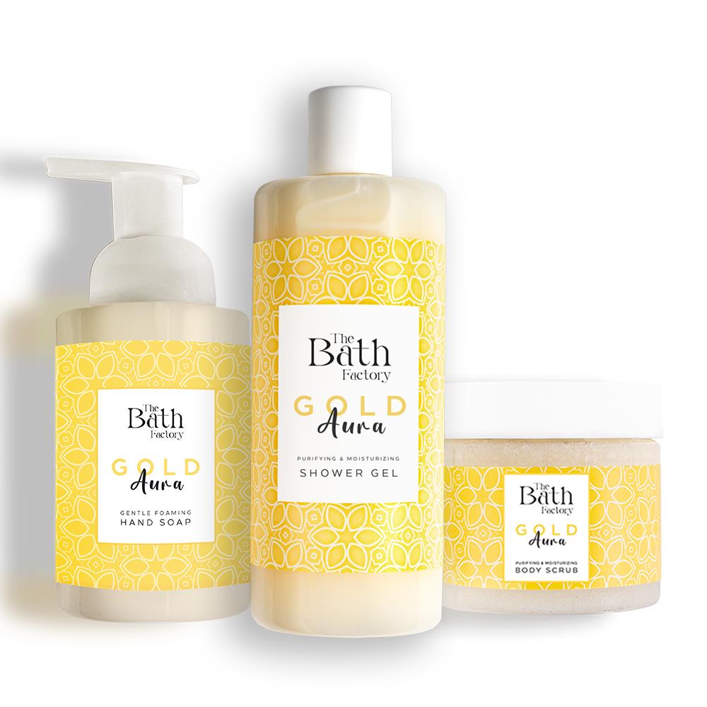 The Bath Factory Gold Aura Vücut Peelingi + Gold Aura Duş Jeli + Gold Aura Köpük Sabun