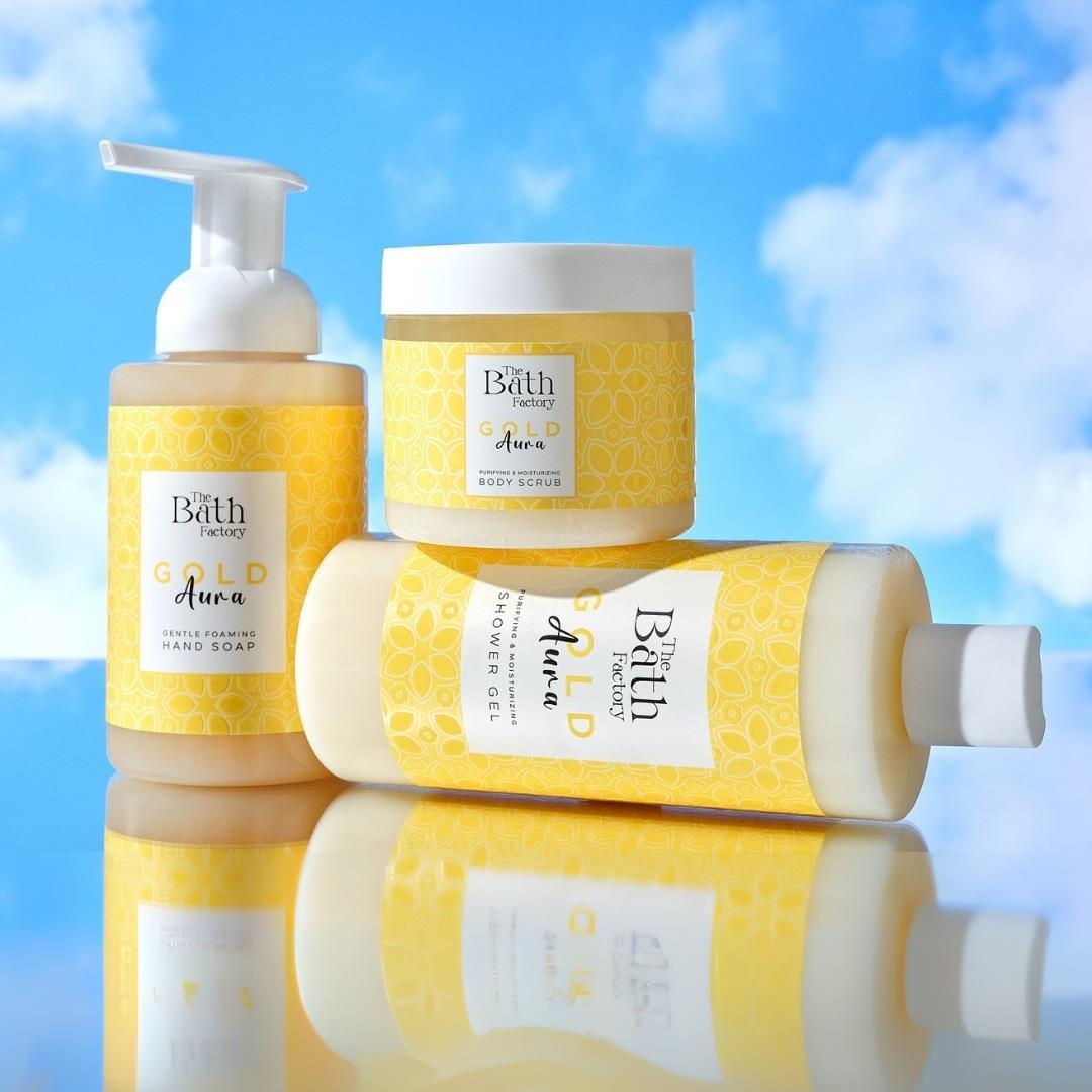 The Bath Factory Gold Aura Vücut Peelingi + Gold Aura Duş Jeli + Gold Aura Köpük Sabun