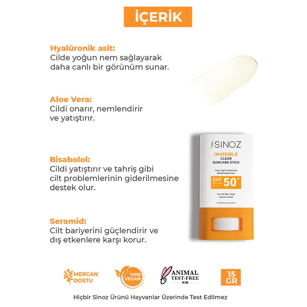 Sinoz SPF50+ Nemlendirici ve Yatıştırıcı Yüksek Korumalı Şeffaf Stick Güneş Kremi 15 gr