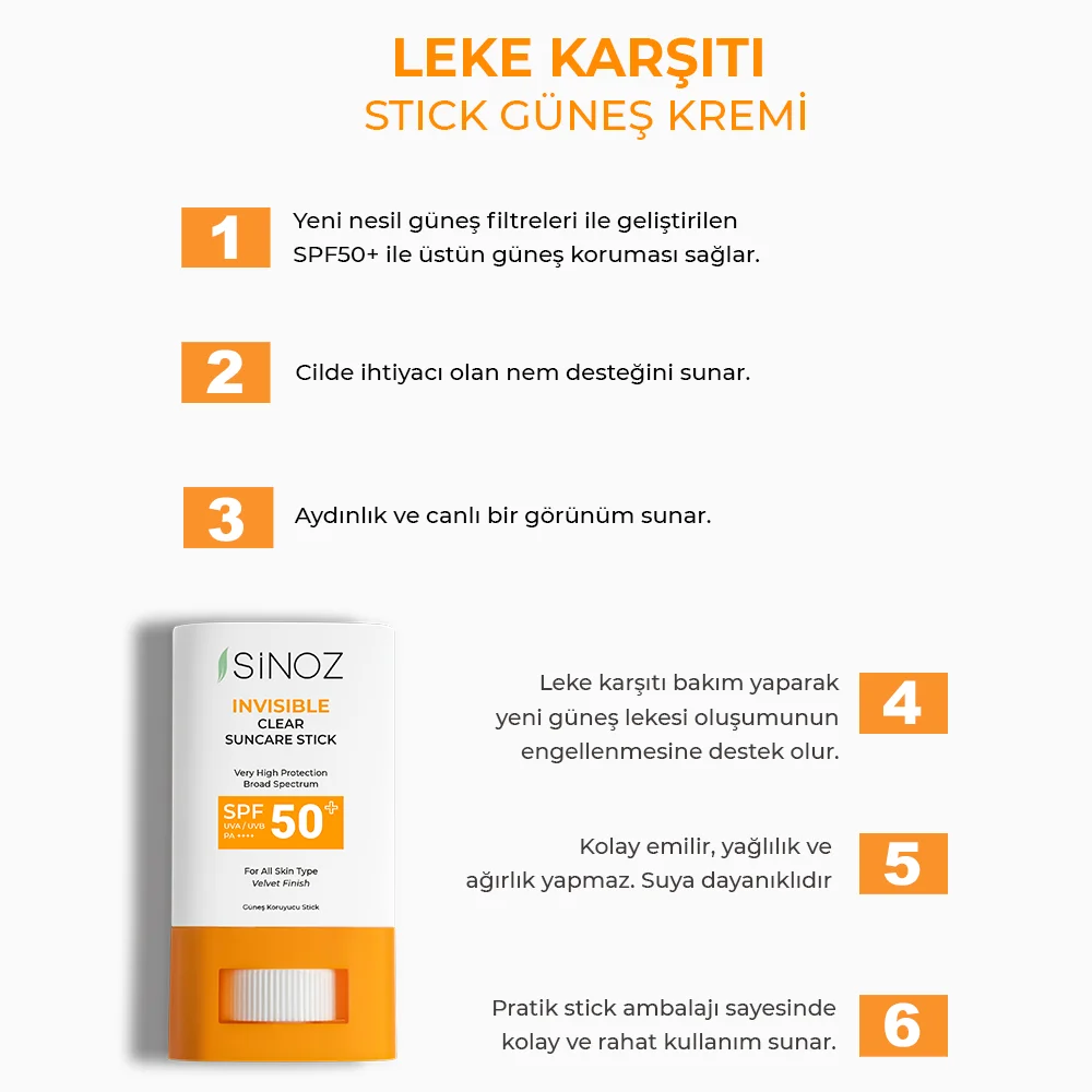 Sinoz SPF50+ Şeffaf Stick Güneş Kremi 15 gr