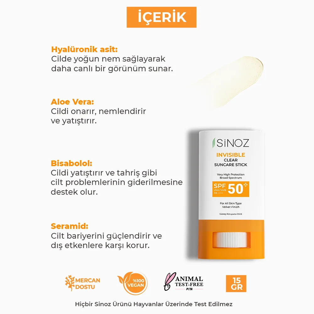 Sinoz SPF50+ Şeffaf Stick Güneş Kremi 15 gr