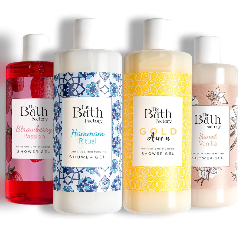 The Bath Factory Duş Jeli Seti ( Vanilya - Gold Aura - Hamam - Çilek) (4 X 400 ML) 