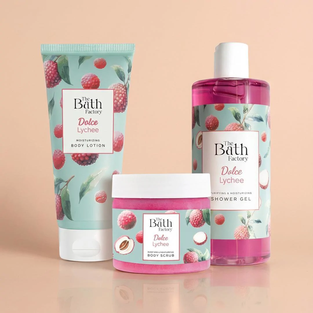 The Bath Factory Dolche Lychee Duş Jeli + Vücut Peelingi + Vücut Losyonu