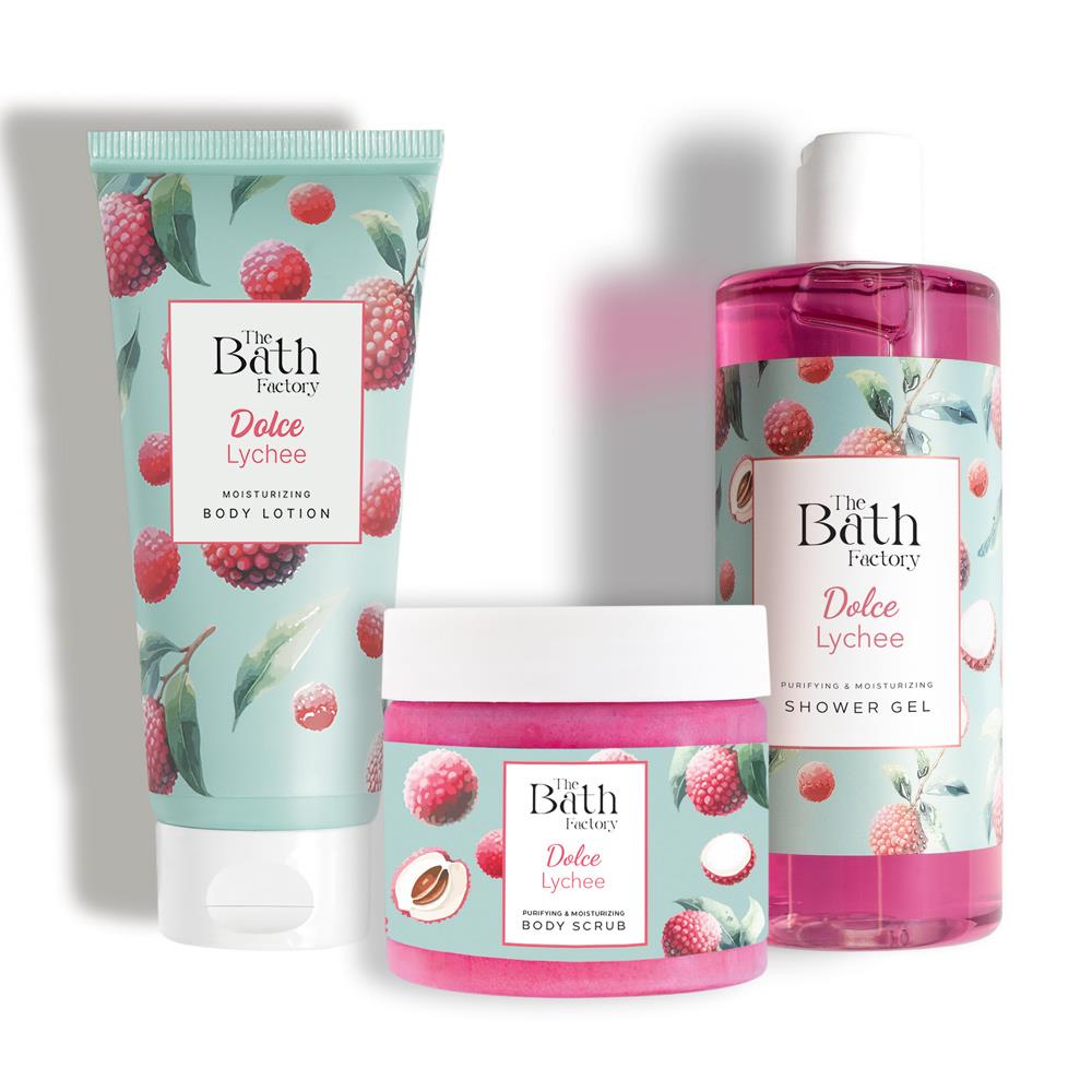 The Bath Factory Liçi Aromalı Peeling + Liçi Aromalı Duş Jeli + Liçi Aromalı Vücut Losyonu