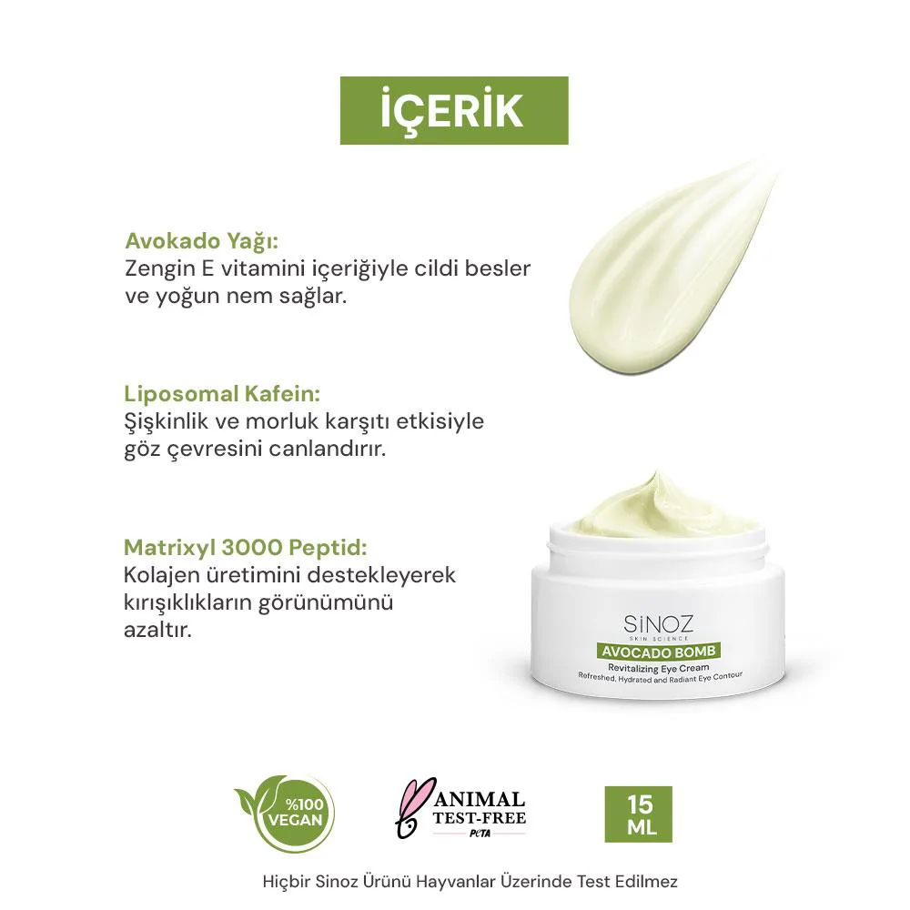 Sinoz Avokado Bomb Nemlendirici Canlandırıcı Kırışıklık Karşıtı Göz Çevresi Bakım Kremi 15 ml