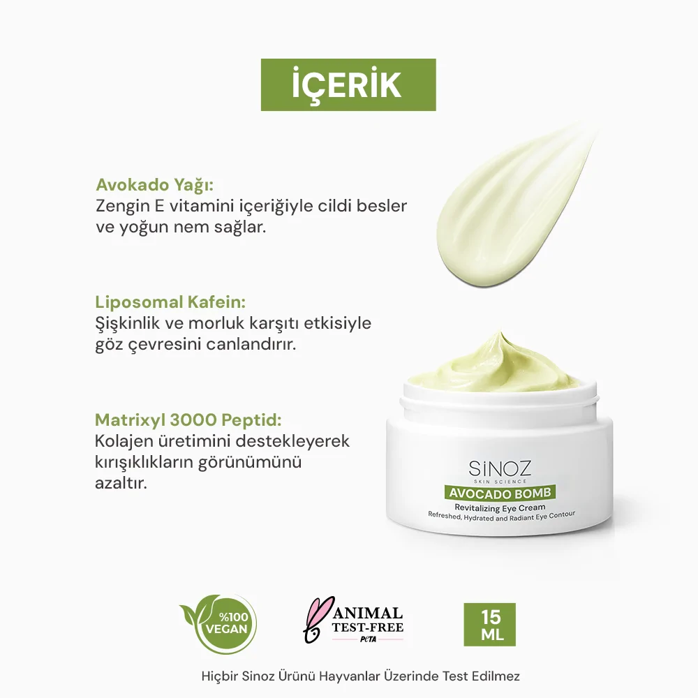 Sinoz Avokado Bomb Nemlendirici Canlandırıcı Kırışıklık Karşıtı Göz Çevresi Bakım Kremi 15 ml