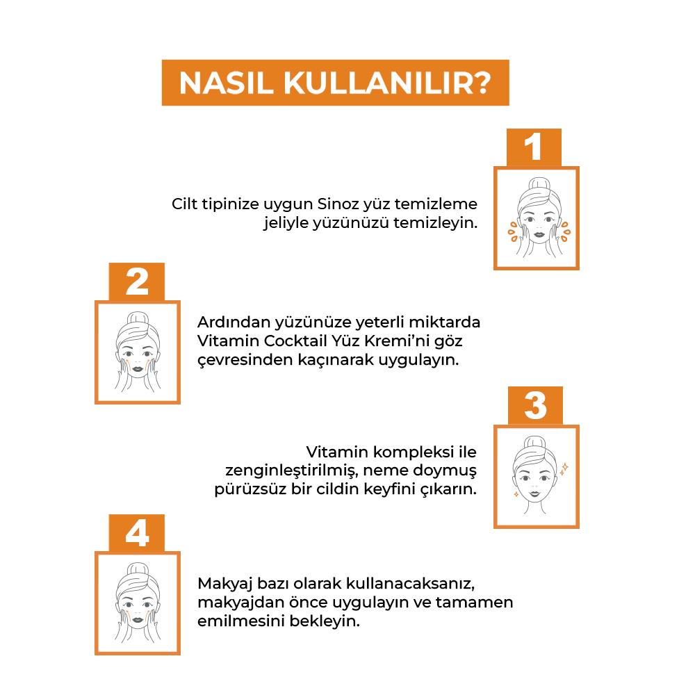 Sinoz Vitamin Kokteyl Nemlendirici Besleyici Onarıcı Yüz Kremi (Vitamin C+ B3 +B5 +E) ve Makyaj Bazı 50 ml
