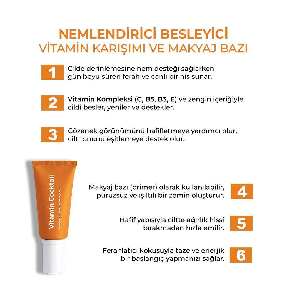 Sinoz Vitamin Kokteyl Nemlendirici Besleyici Onarıcı Yüz Kremi (Vitamin C+ B3 +B5 +E) ve Makyaj Bazı 50 ml