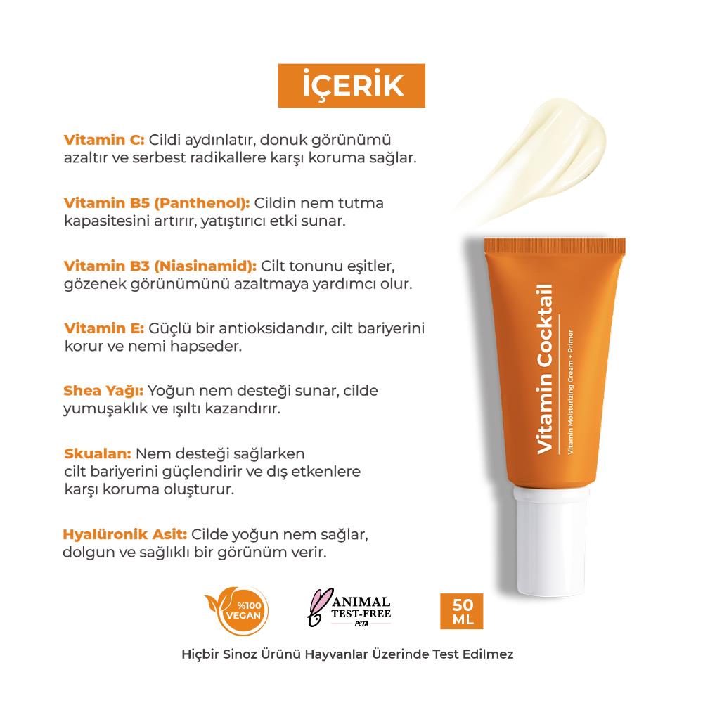 Sinoz Vitamin Kokteyl Nemlendirici Besleyici Onarıcı Yüz Kremi (Vitamin C+ B3 +B5 +E) ve Makyaj Bazı 50 ml
