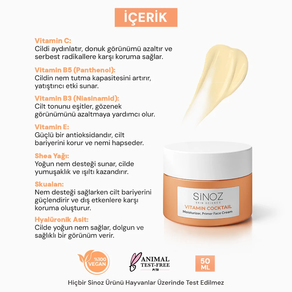 Sinoz Vitamin Kokteyl Nemlendirici Besleyici Onarıcı Yüz Kremi (Vitamin C+ B3 +B5 +E) ve Makyaj Bazı 50 ml