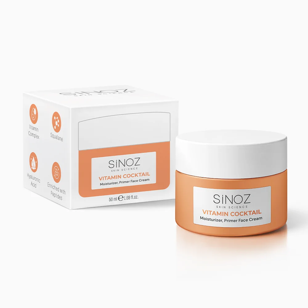 Sinoz Vitamin Kokteyl Nemlendirici Besleyici Onarıcı Yüz Kremi (Vitamin C+ B3 +B5 +E) ve Makyaj Bazı 50 ml