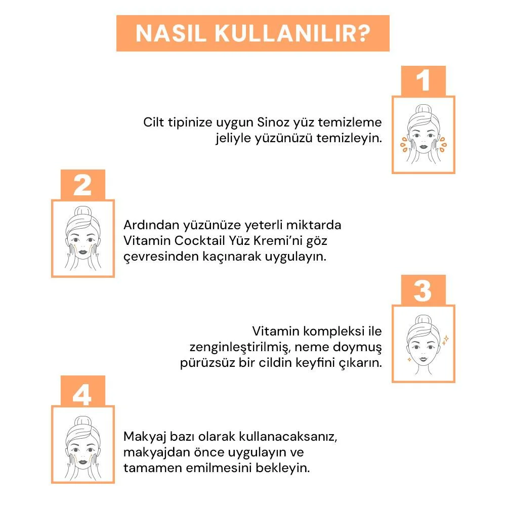 Sinoz Vitamin Kokteyl Nemlendirici Besleyici Onarıcı Yüz Kremi (Vitamin C+ B3 +B5 +E) ve Makyaj Bazı 50 ml