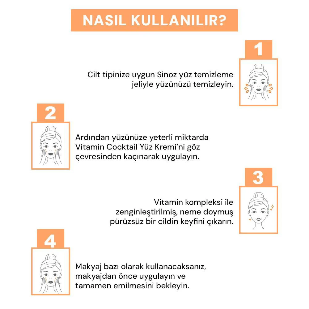 Sinoz Vitamin Kokteyl Nemlendirici Besleyici Onarıcı Yüz Kremi (Vitamin C+ B3 +B5 +E) ve Makyaj Bazı 50 ml
