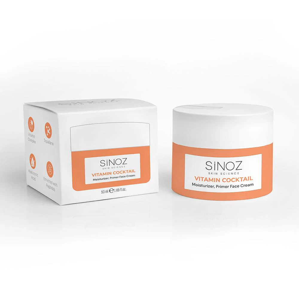 Sinoz Vitamin Kokteyl Nemlendirici Besleyici Onarıcı Yüz Kremi (Vitamin C+ B3 +B5 +E) ve Makyaj Bazı 50 ml