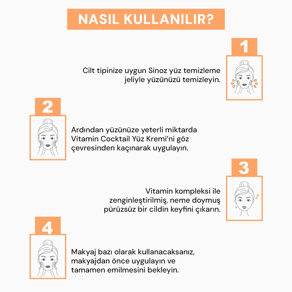Sinoz Vitamin Kokteyl Nemlendirici Besleyici Onarıcı Yüz Kremi (Vitamin C+ B3 +B5 +E) ve Makyaj Bazı 50 ml