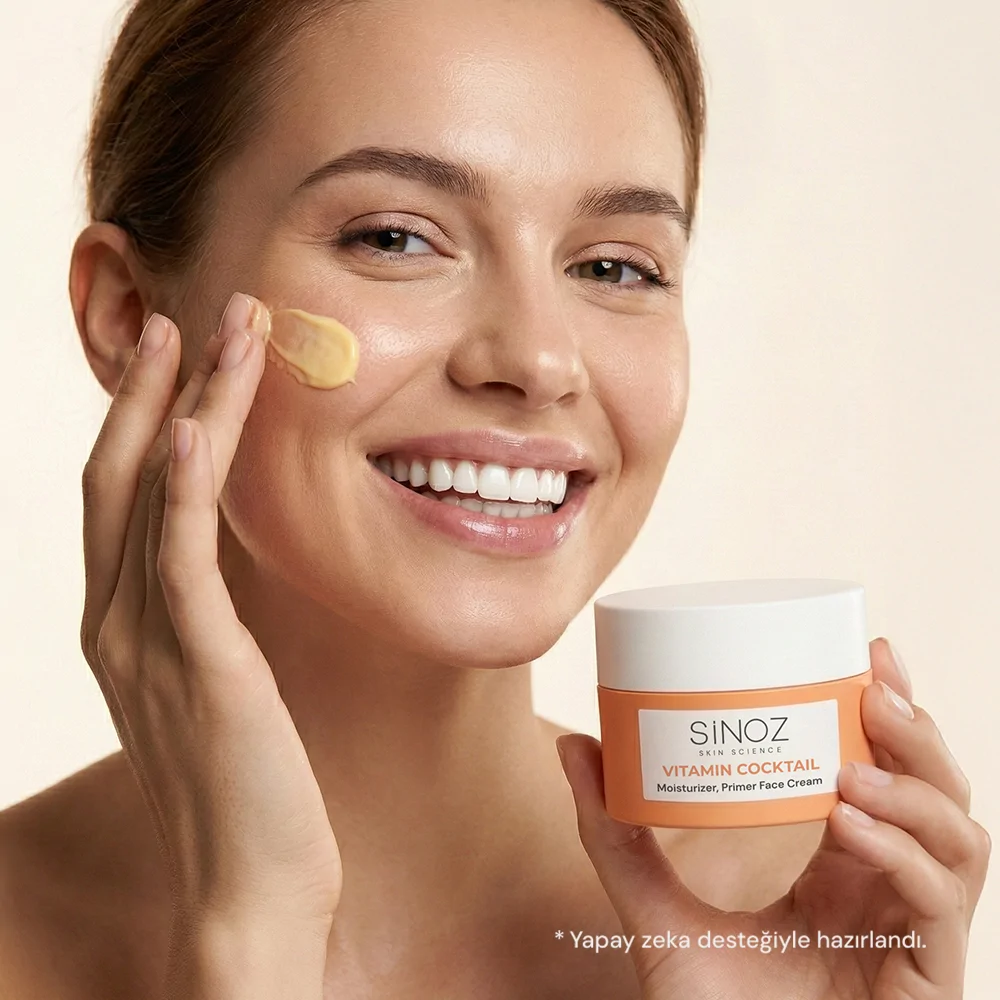 Sinoz Vitamin Kokteyl Nemlendirici Besleyici Onarıcı Yüz Kremi (Vitamin C+ B3 +B5 +E) ve Makyaj Bazı 50 ml