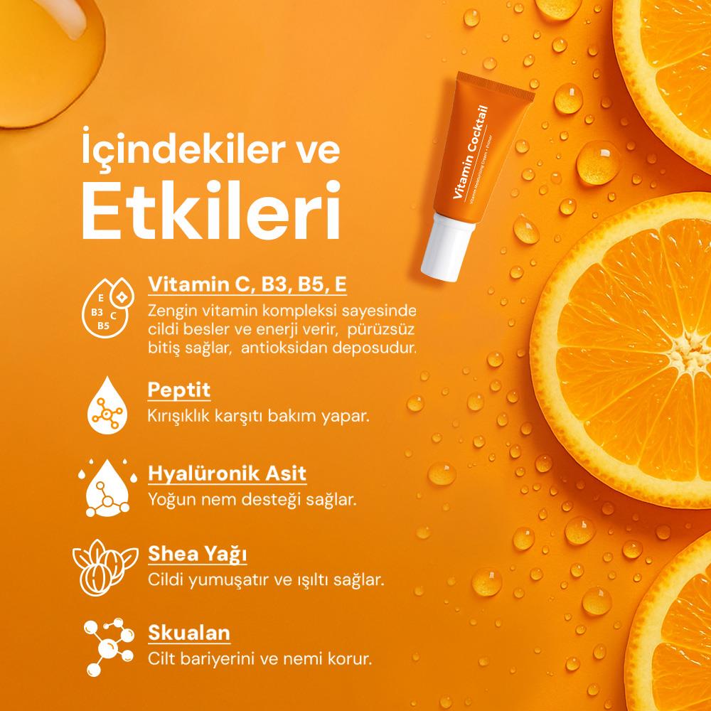 Sinoz Vitamin Kokteyl Nemlendirici Besleyici Onarıcı Yüz Kremi (Vitamin C+ B3 +B5 +E) ve Makyaj Bazı 50 ml