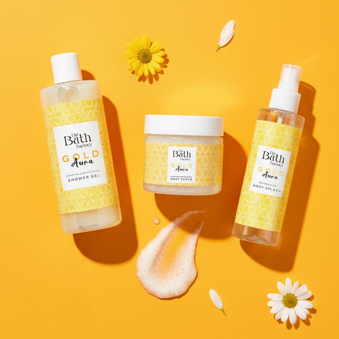 The Bath Factory Gold Aura Duş Jeli + Gold Aura Vücut Peelingi + Gold Aura Vücut Spreyi