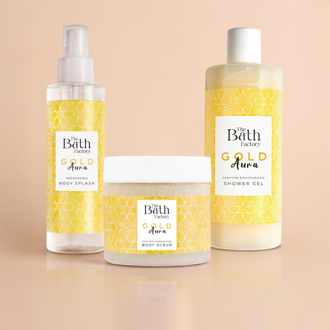 The Bath Factory Gold Aura Duş Jeli + Gold Aura Vücut Peelingi + Gold Aura Vücut Spreyi