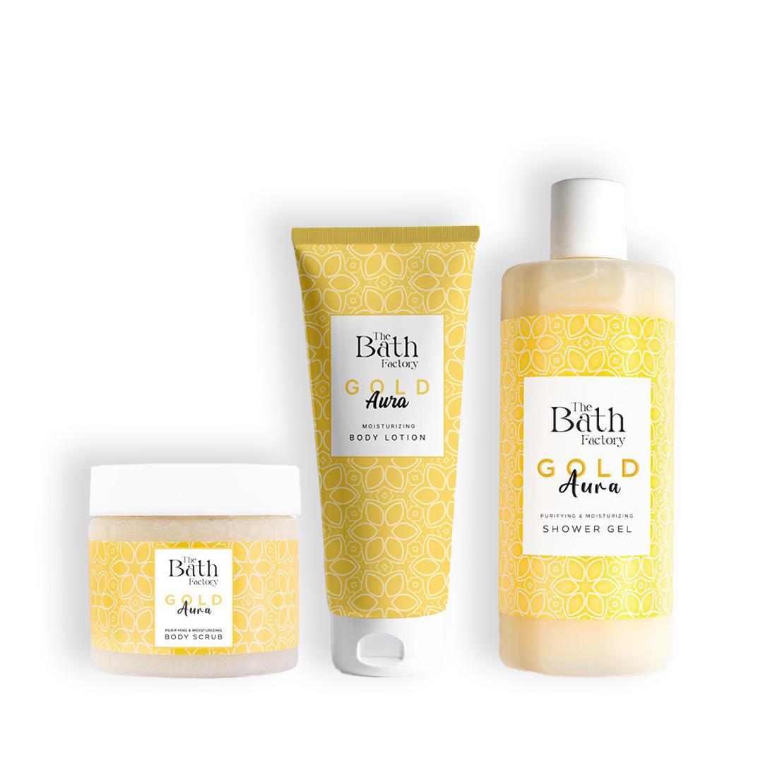 The Bath Factory Gold Aura Duş Jeli + Gold Aura Vücut Peelingi + Gold Aura Vücut Losyonu