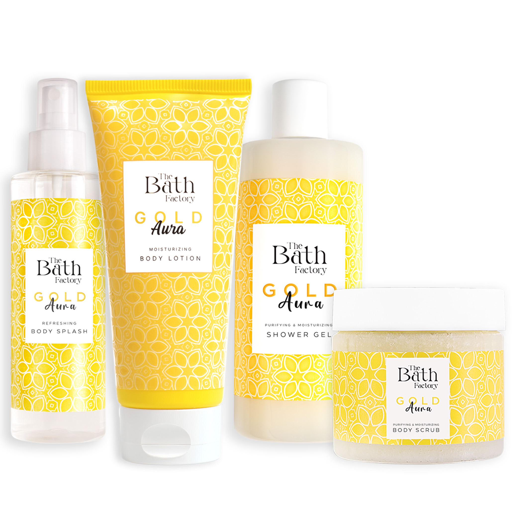 The Bath Factory Gold Aura Duş Jeli + Gold Aura Vücut Peelingi + Gold Aura Vücut Spreyi + Gold Aura Vücut Losyonu