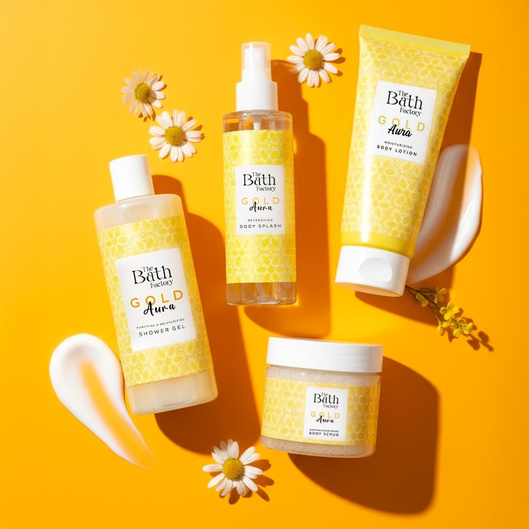 The Bath Factory Gold Aura Duş Jeli + Gold Aura Vücut Peelingi + Gold Aura Vücut Spreyi + Gold Aura Vücut Losyonu