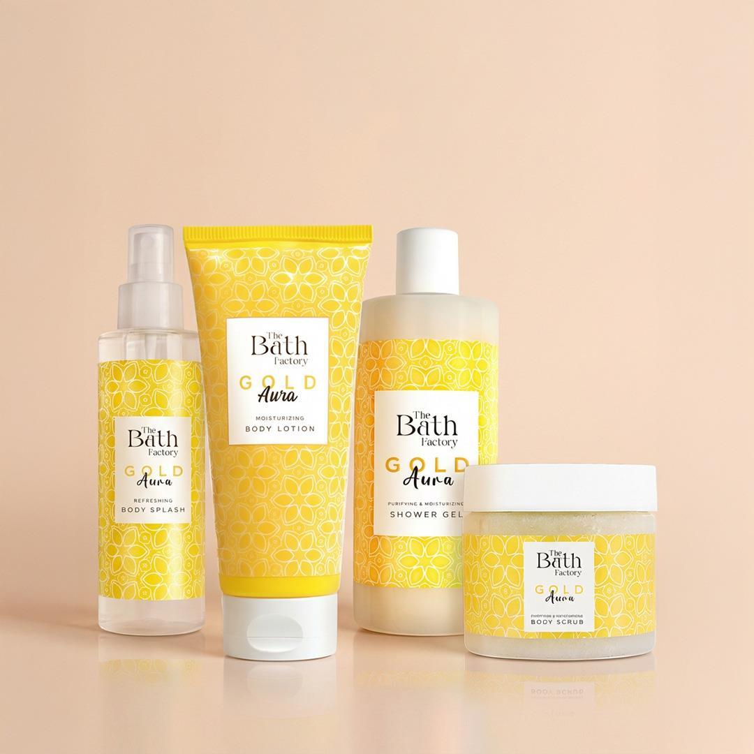 The Bath Factory Gold Aura Duş Jeli + Gold Aura Vücut Peelingi + Gold Aura Vücut Spreyi + Gold Aura Vücut Losyonu